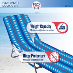Rio Beach Lounger blue stripe with large storage pouch for towels and snacks