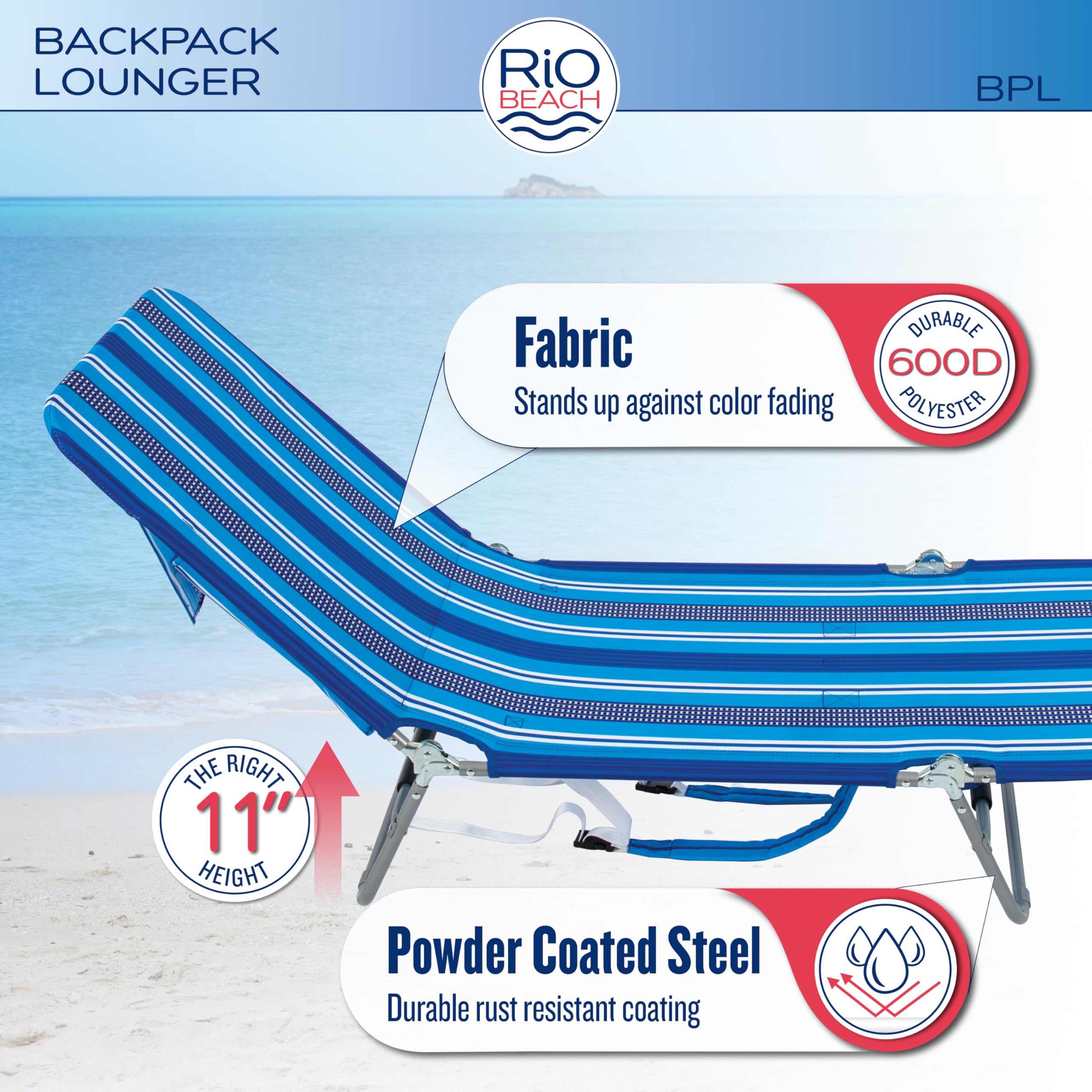 Rio Beach Lounger blue stripe steel frame built for outdoor use