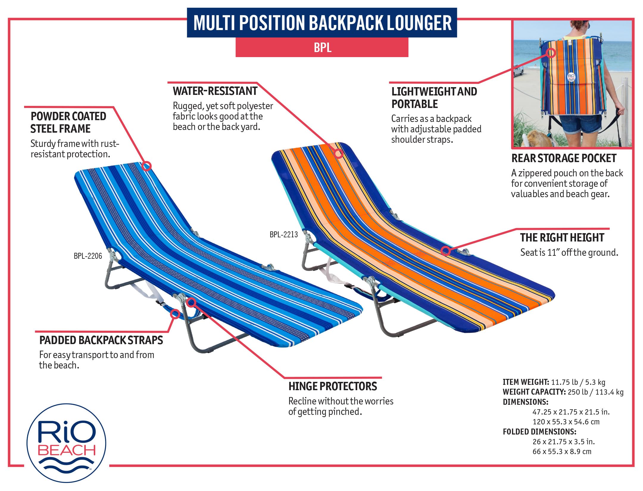Rio Beach Lounger blue stripe supports up to 250 pounds