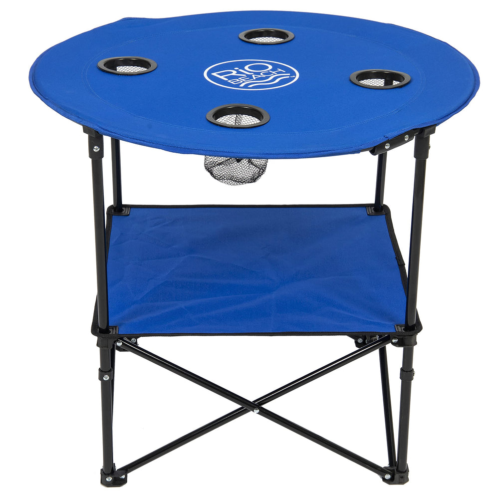 Rio Brands round portable table with cupholders for drinks at the beach