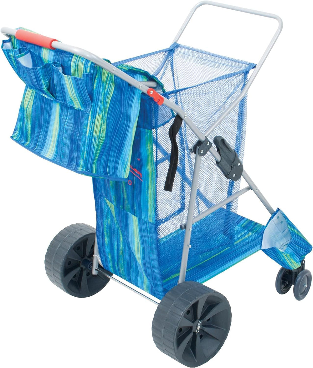 Large mesh pouch stores towels and toys for quick access