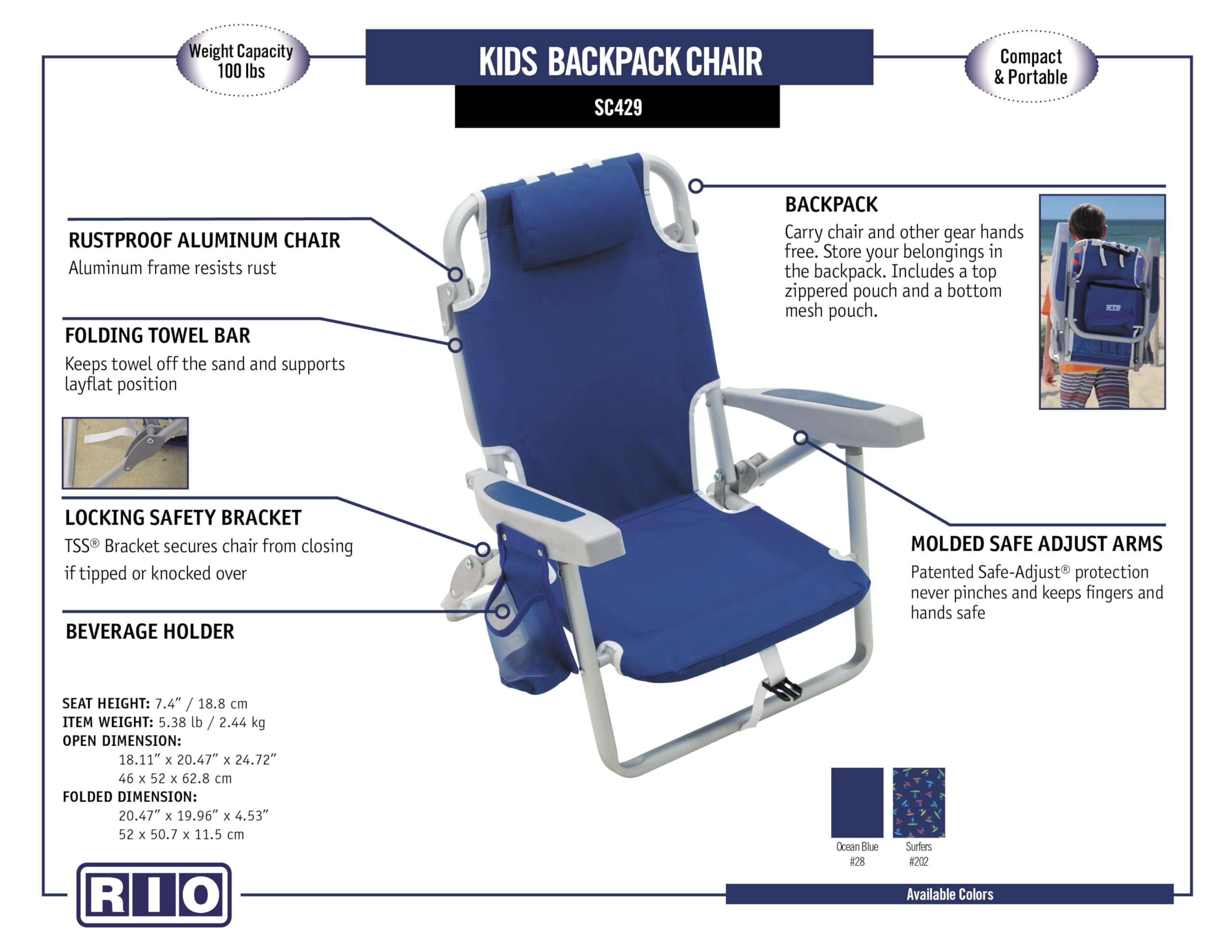 RIO Gear Rio Beach Kids Chair seat-height 7 inches offers comfortable seating.