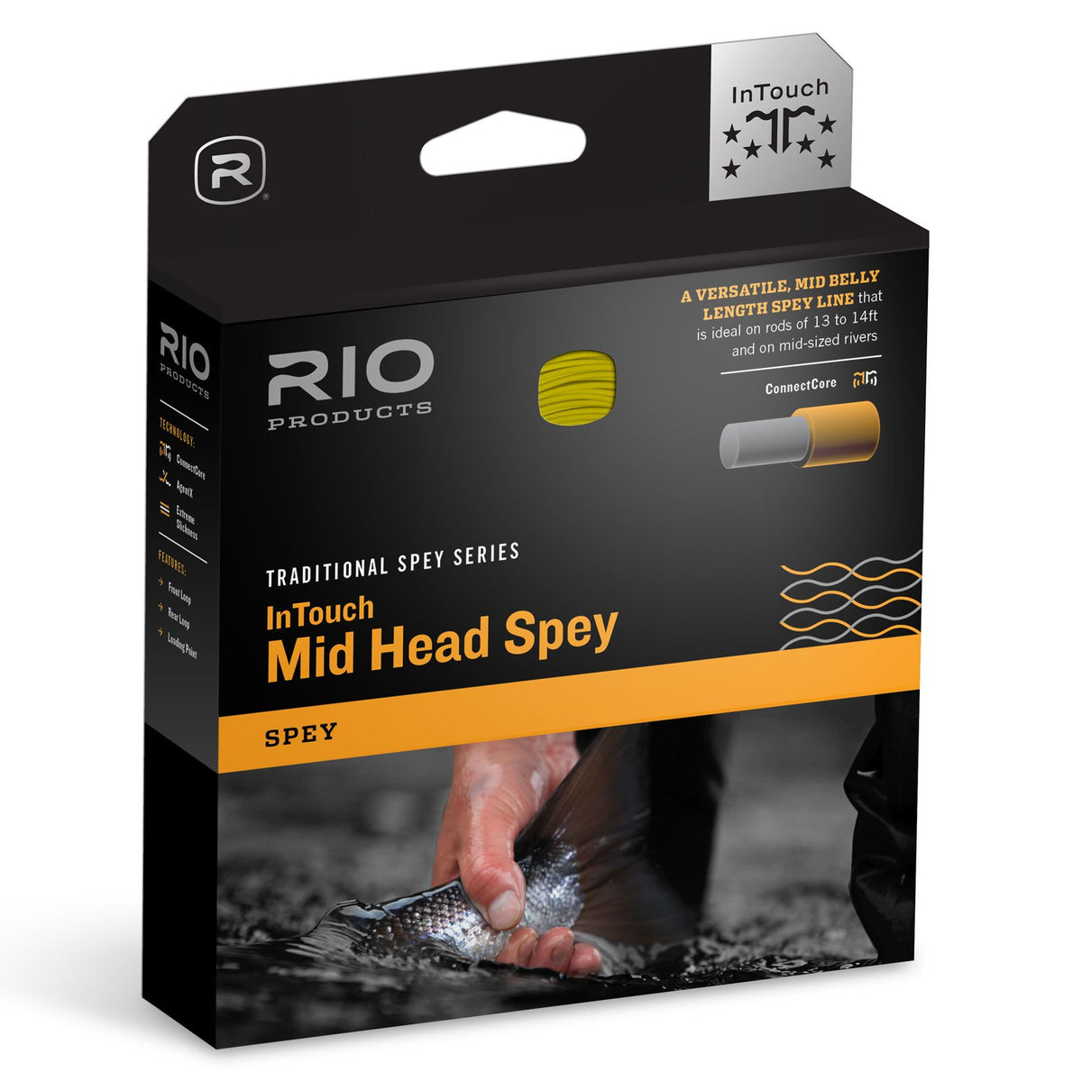 Rio Intouch Mid Head Spey 8/9F enabling smooth mid-head-spey casting on rivers.