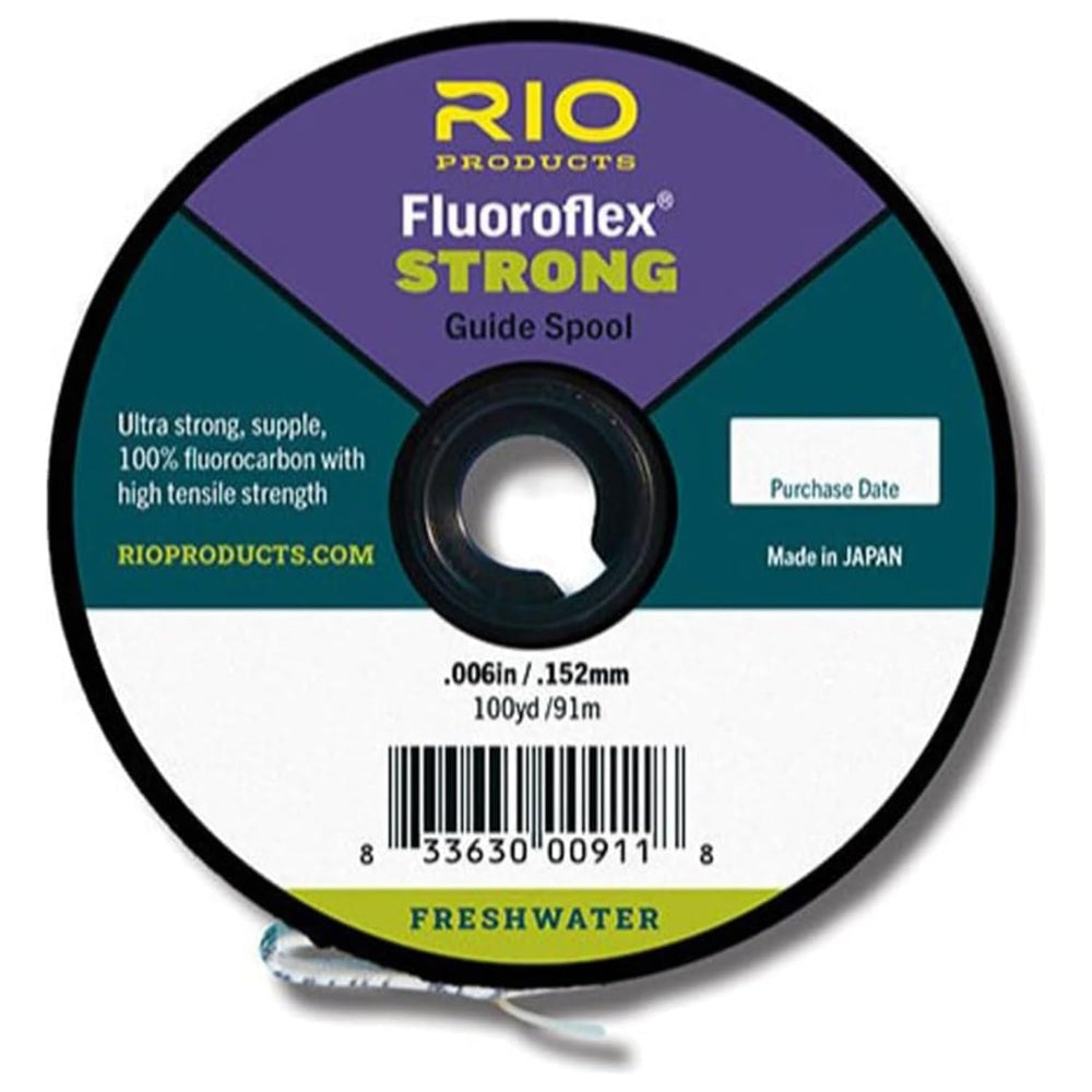 RIO PRODUCTS Fluoroflex Strong Tippet spool shows 100 yards of strong fluorocarbon for trout setups.