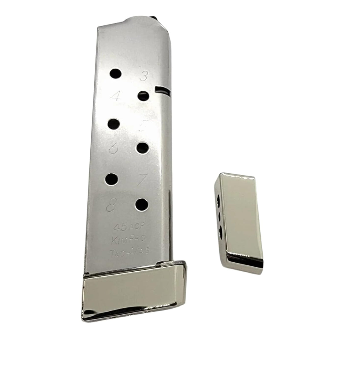 Riot Balls polished chrome base pad on 1911 magazine for a sleek, durable upgrade.