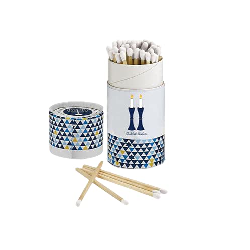 Rite Lite Shabbat matches in blue geometric gift box, ideal for elegant candle lighting ceremonies.