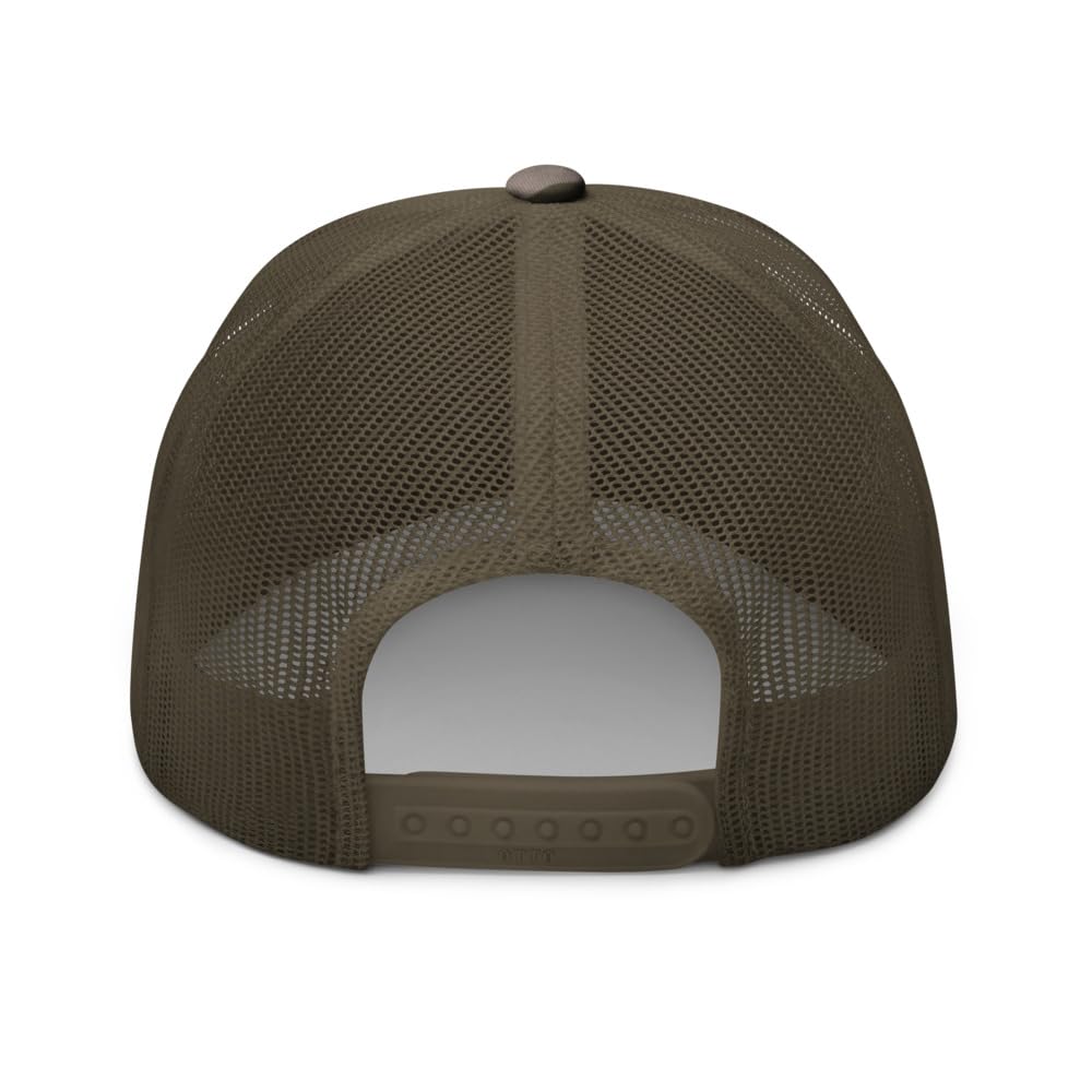 RIVEMUG camo feral trucker hat back closure enables quick size adjustment.