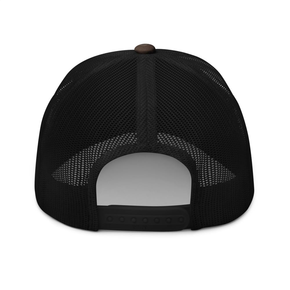 RIVEMUG FAFO camouflage trucker hat back view highlighting mesh panels.