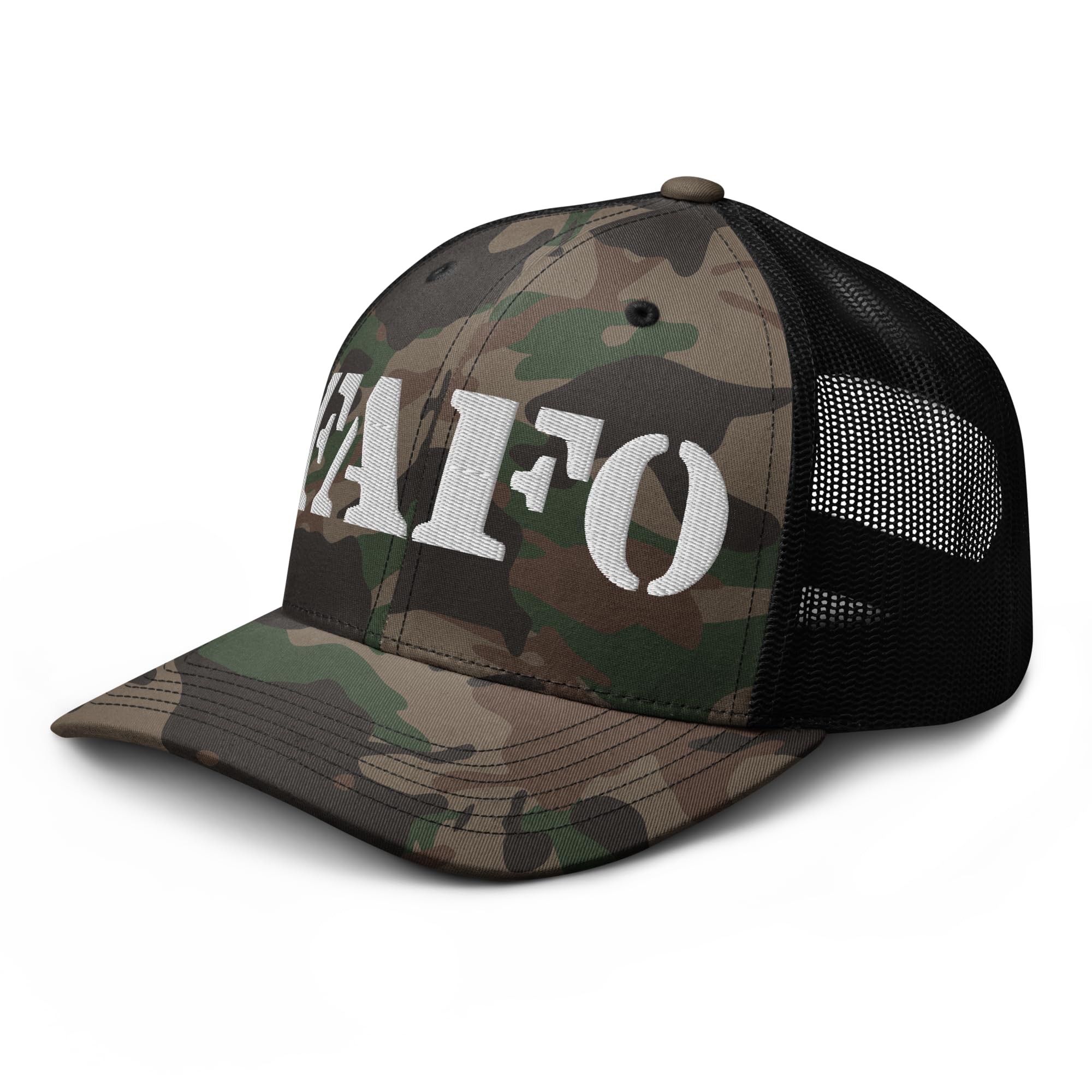 RIVEMUG FAFO camouflage trucker hat front view with breathable mesh back.