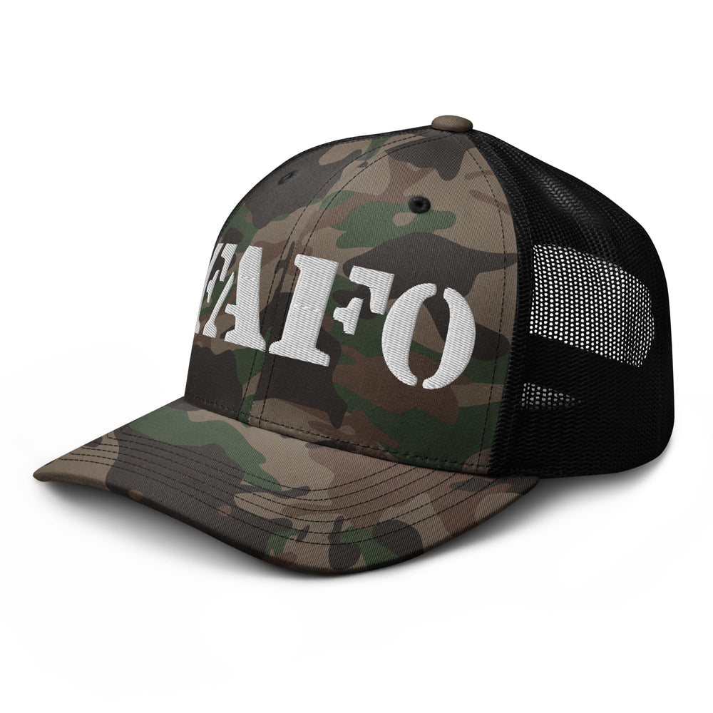 RIVEMUG FAFO camouflage trucker hat front view with breathable mesh back.