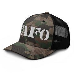 RIVEMUG FAFO camouflage trucker hat front view with breathable mesh back.
