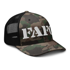 RIVEMUG FAFO camouflage trucker hat logo close-up for rugged style.