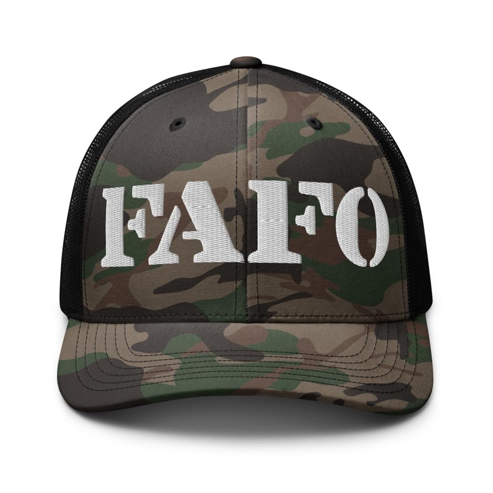 RIVEMUG FAFO camouflage trucker hat side view showing adjustable snap closure.