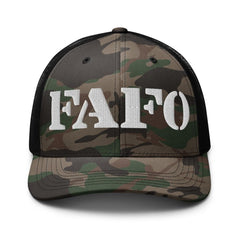RIVEMUG FAFO camouflage trucker hat side view showing adjustable snap closure.