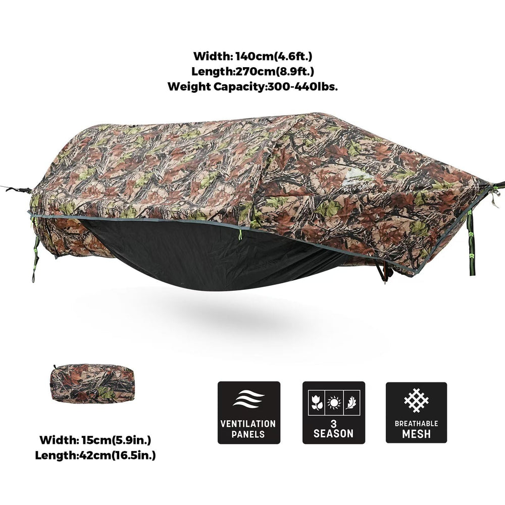 Rivenlo hammock rainfly provides sheltered, breathable protection in variable weather.