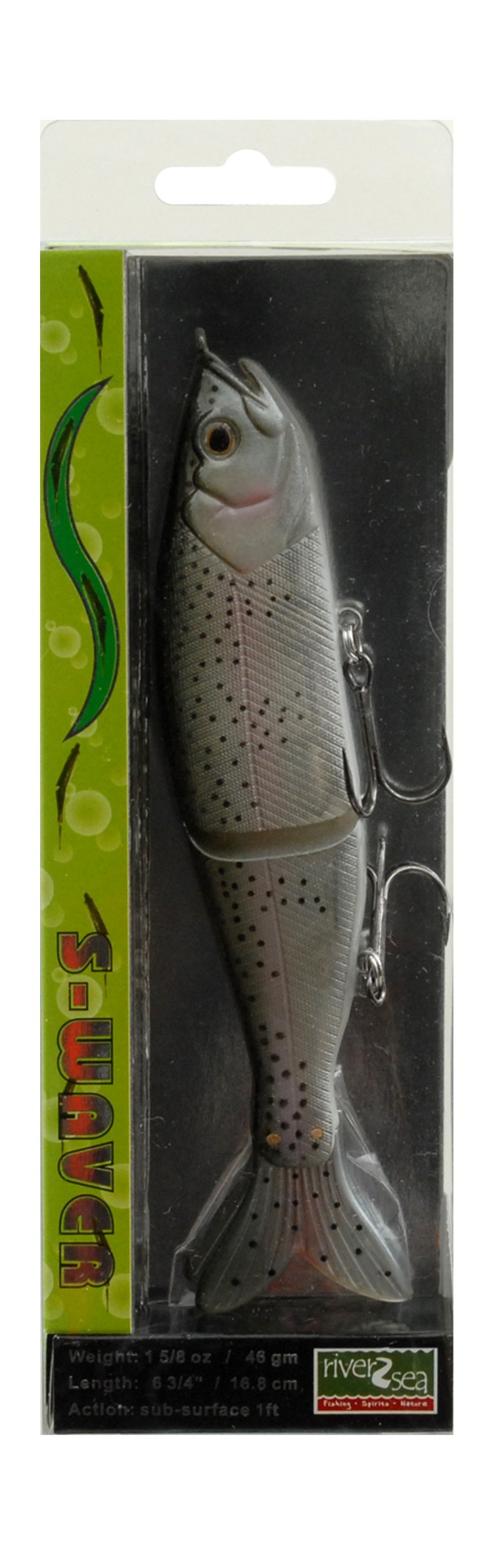 River2Sea S-Waver Rainbow Trout 6-3-4 inch lure seduces surface wake to attract trophy fish.