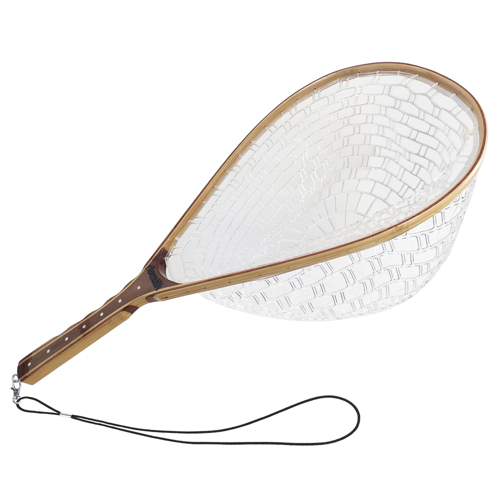 Riverruns long wooden net handle with measuring dots for on-site length checks.