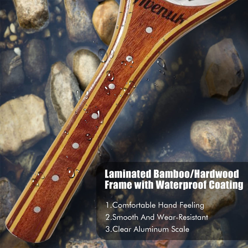 Riverruns wooden net hoop dimensions shown for larger fish handling.