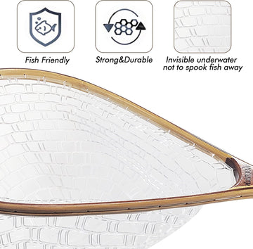 Riverruns long wooden net showing measuring dots on handle for quick length reads