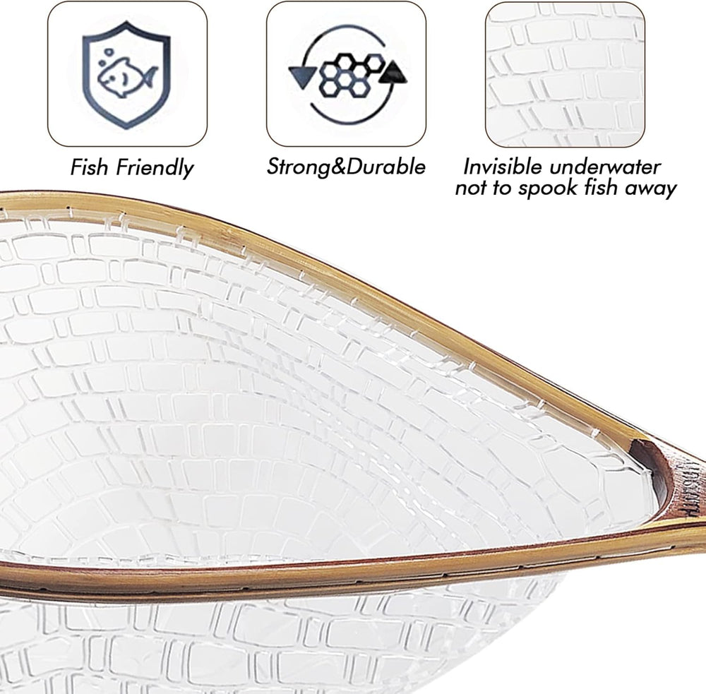 Riverruns long wooden net showing measuring dots on handle for quick length reads