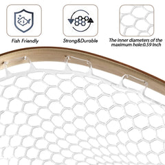 Riverruns soft rubber mesh nets gentle release and minimizes tangling.