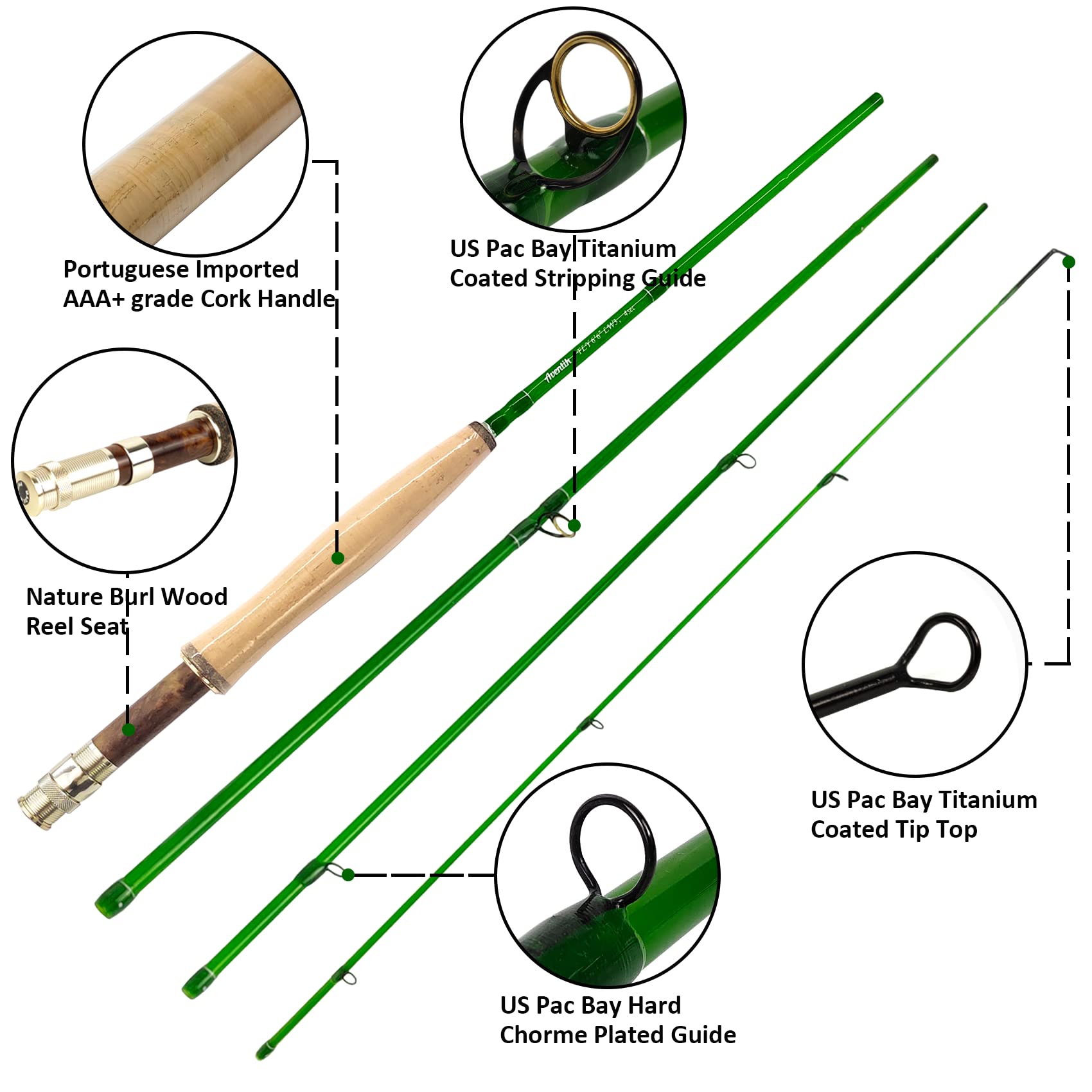 Riverruns S-Glass rod showing burl wood reel seat in bright light