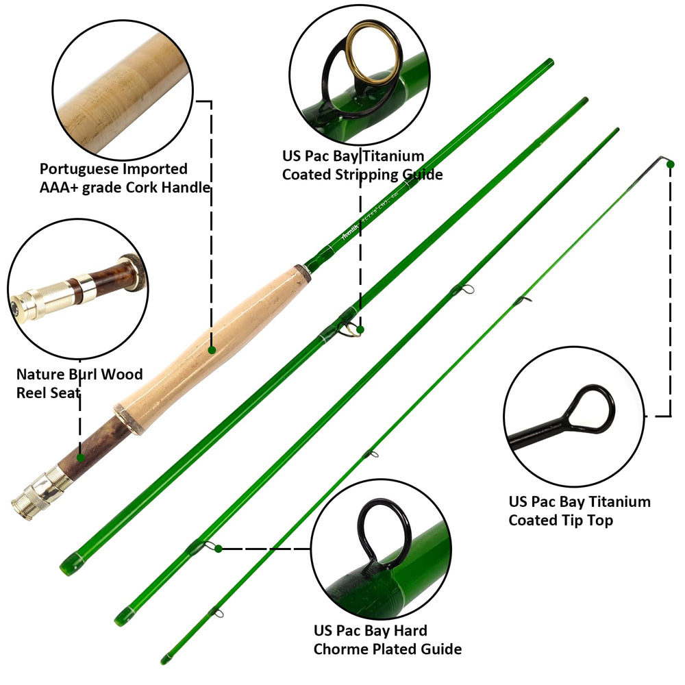 Riverruns S-Glass rod showing burl wood reel seat in bright light
