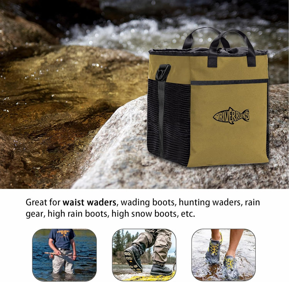 Riverruns Wader Bag shows air-dry storage space for waders and boots
