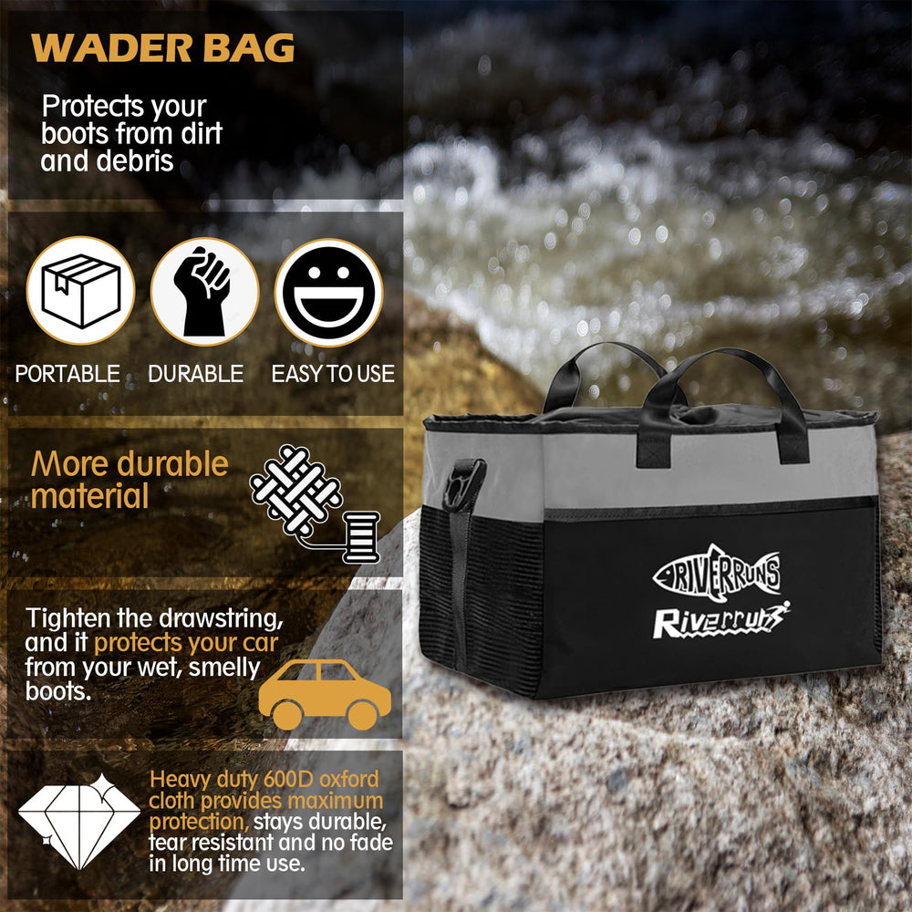 Riverruns wader bag with boots compartment demonstrates high capacity