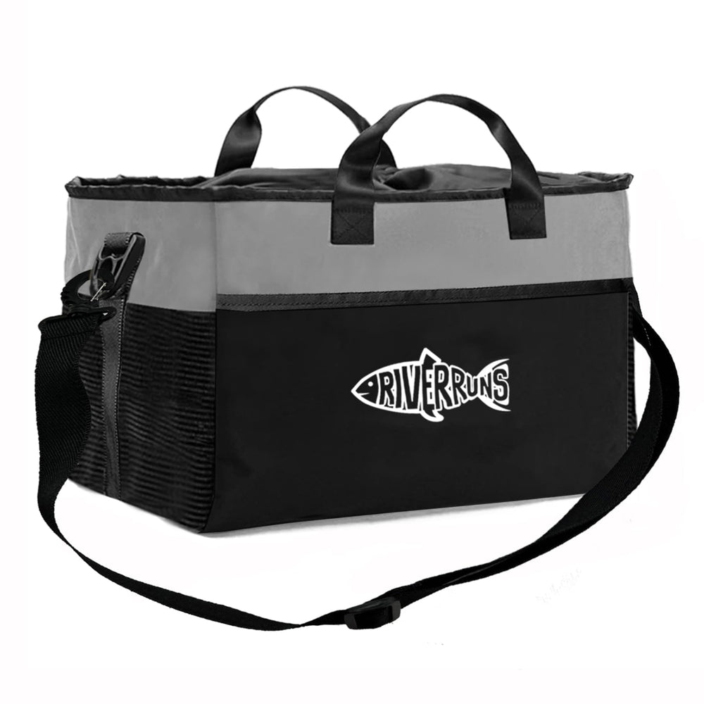 Riverruns vented-mesh wader bag showing air-drying design for gear