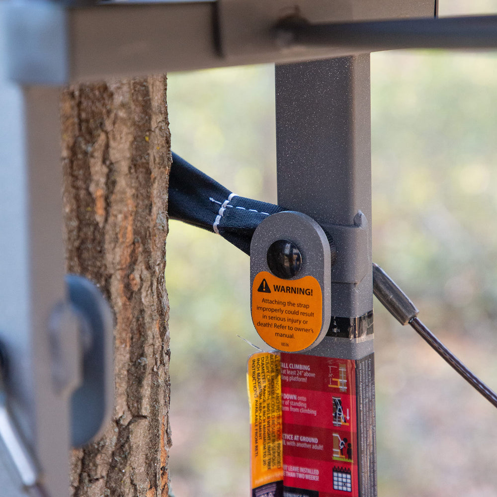 Rivers Edge Ardisam big-foot noiseless strap on a ready-to-use treestand setup.
