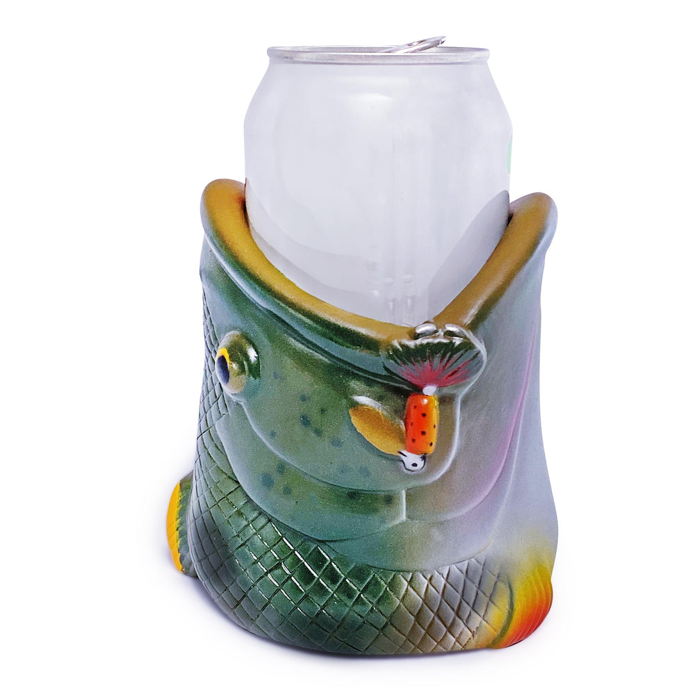 Rivers Edge bass-head can coozie on a chilled drink during fishing.