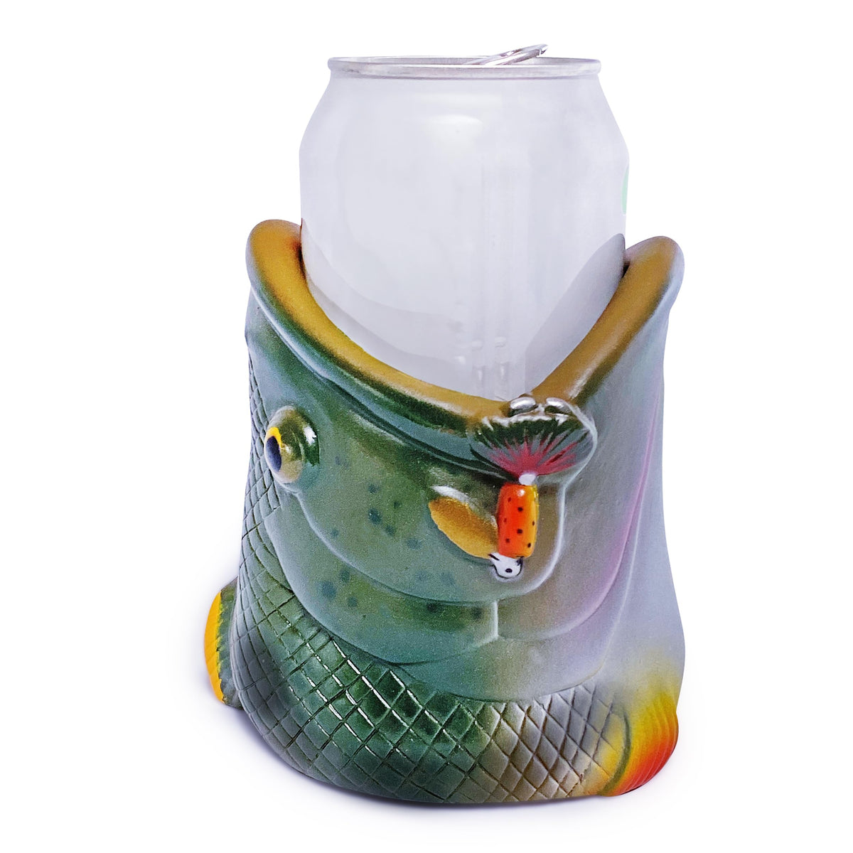 Rivers Edge bass-head can coozie on a chilled drink during fishing.