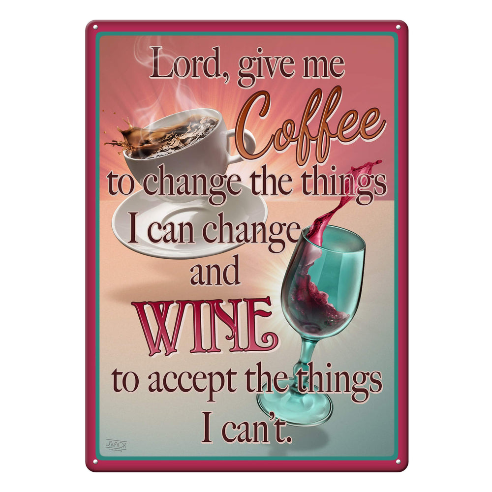 Rivers Edge Lord Give Me Coffee and Wine sign adds rustic charm to home or bar decor.