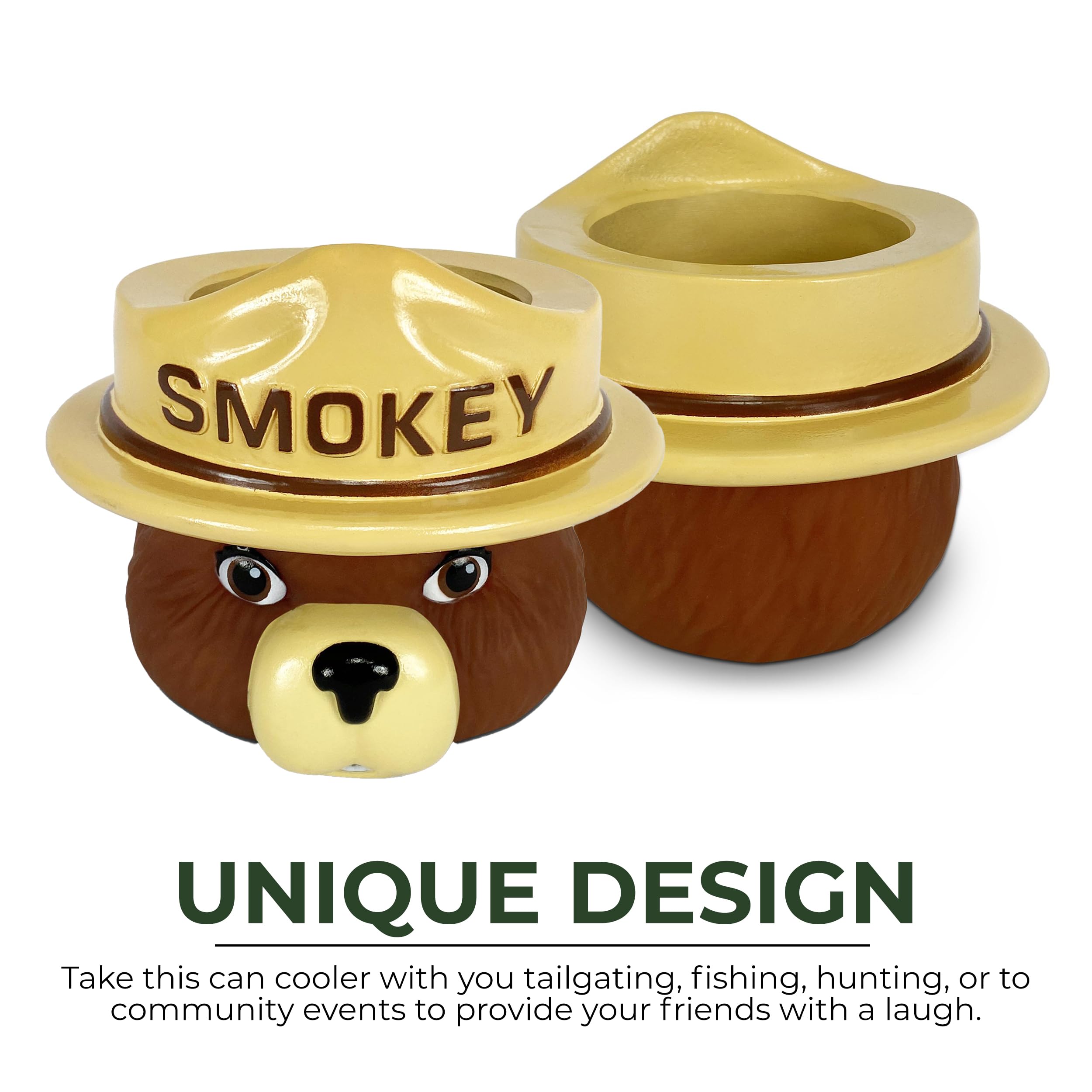 River's Edge smokey-bear koozie with non-slip grip for wet hands.