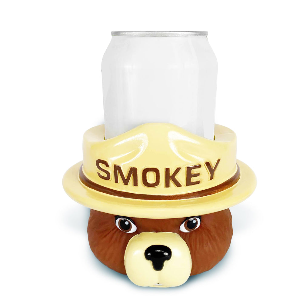 River's Edge smokey-bear koozie on a 12 oz can, keeping it cool.