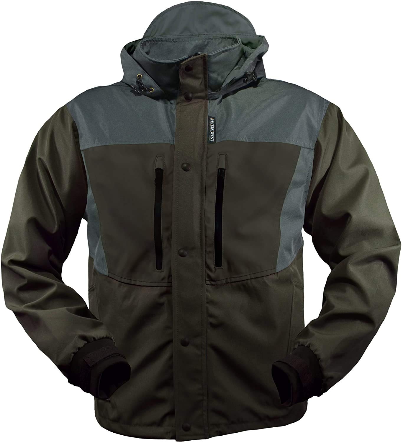 Rivers West Kokanee jacket front view highlights rugged olive shell and seam sealing.