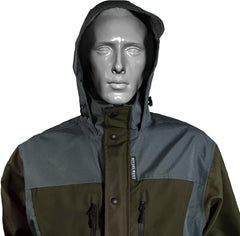 Rivers West Kokanee jacket hood with visor in action protects eyes.