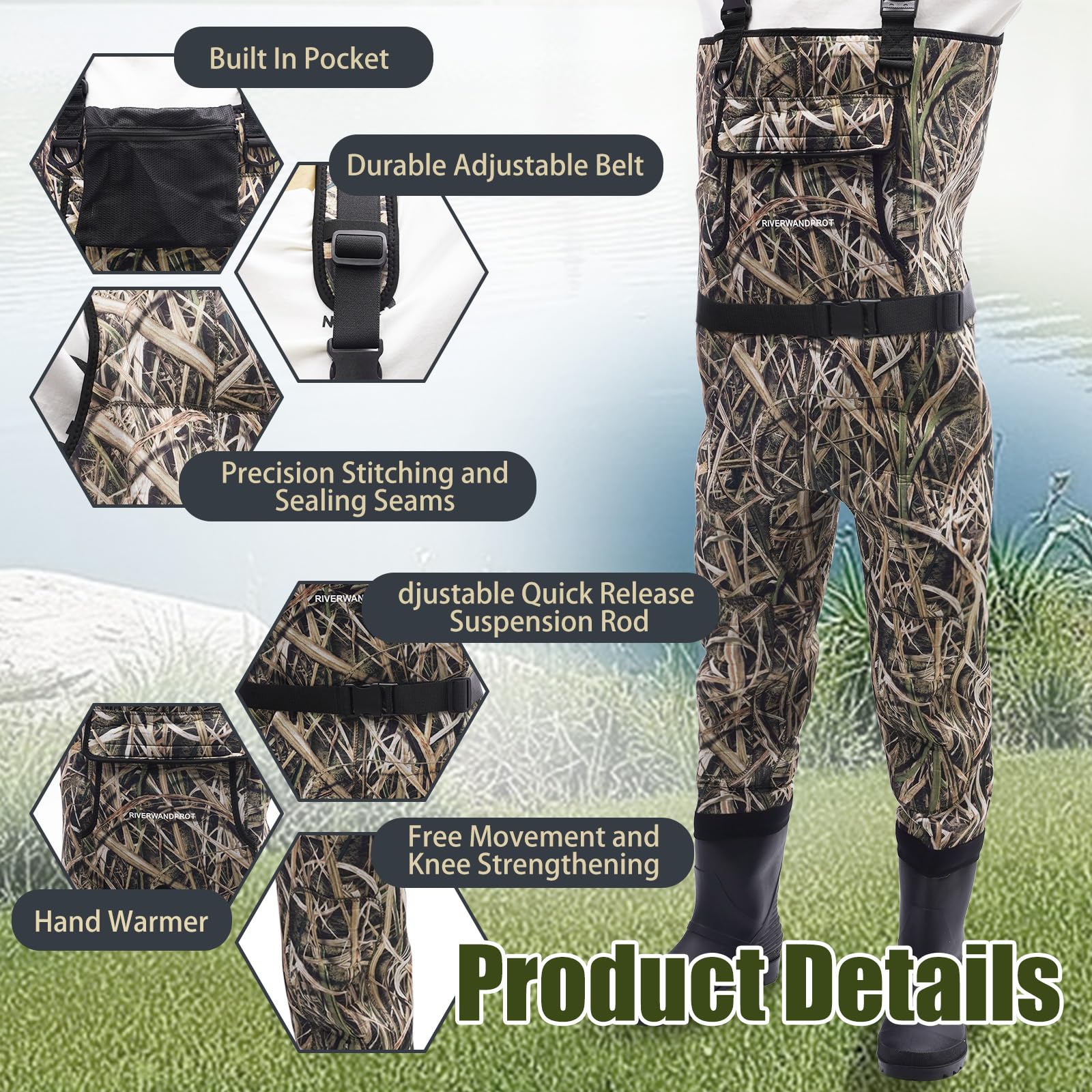 RIVERWANDPROT waders chest pocket closeup shows chest warmer and small-item storage
