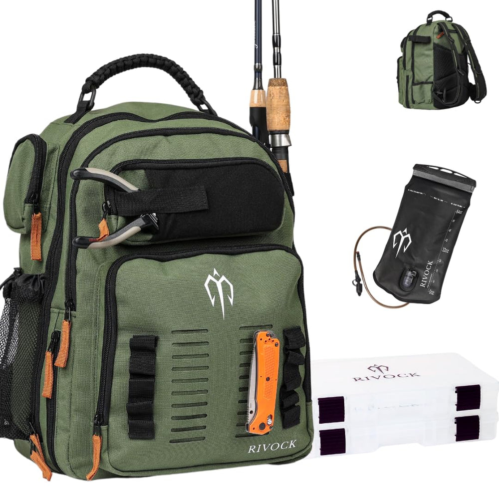 RIVOCK fishing backpack with rod holder secures gear on the go for quick shore setups.