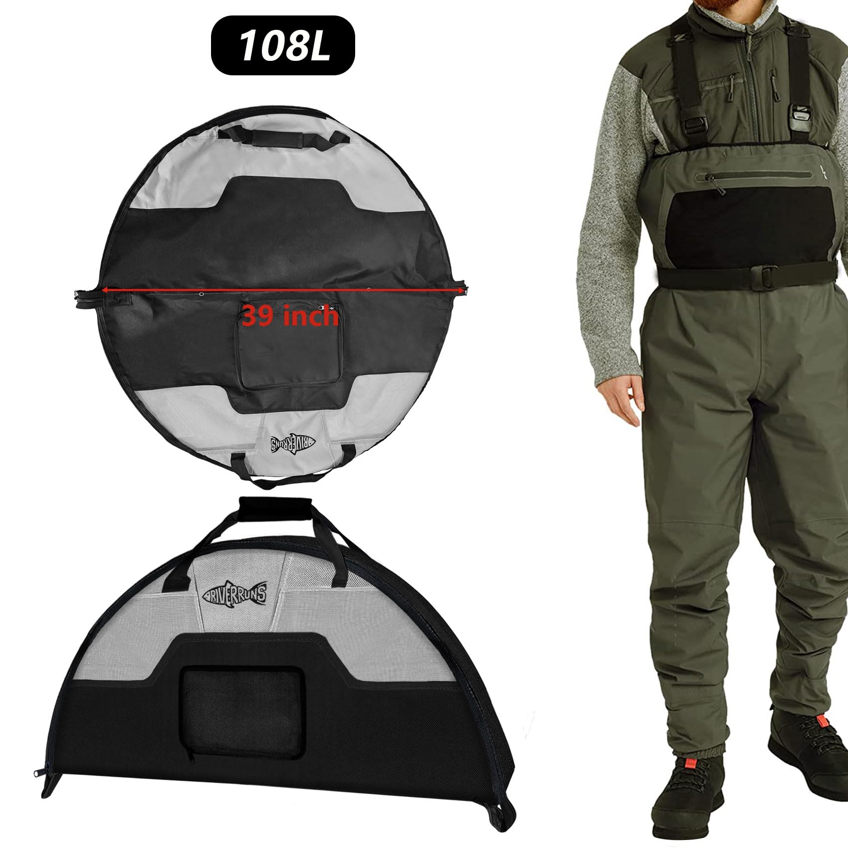 Bag opened flat showing circular changing mat for waders