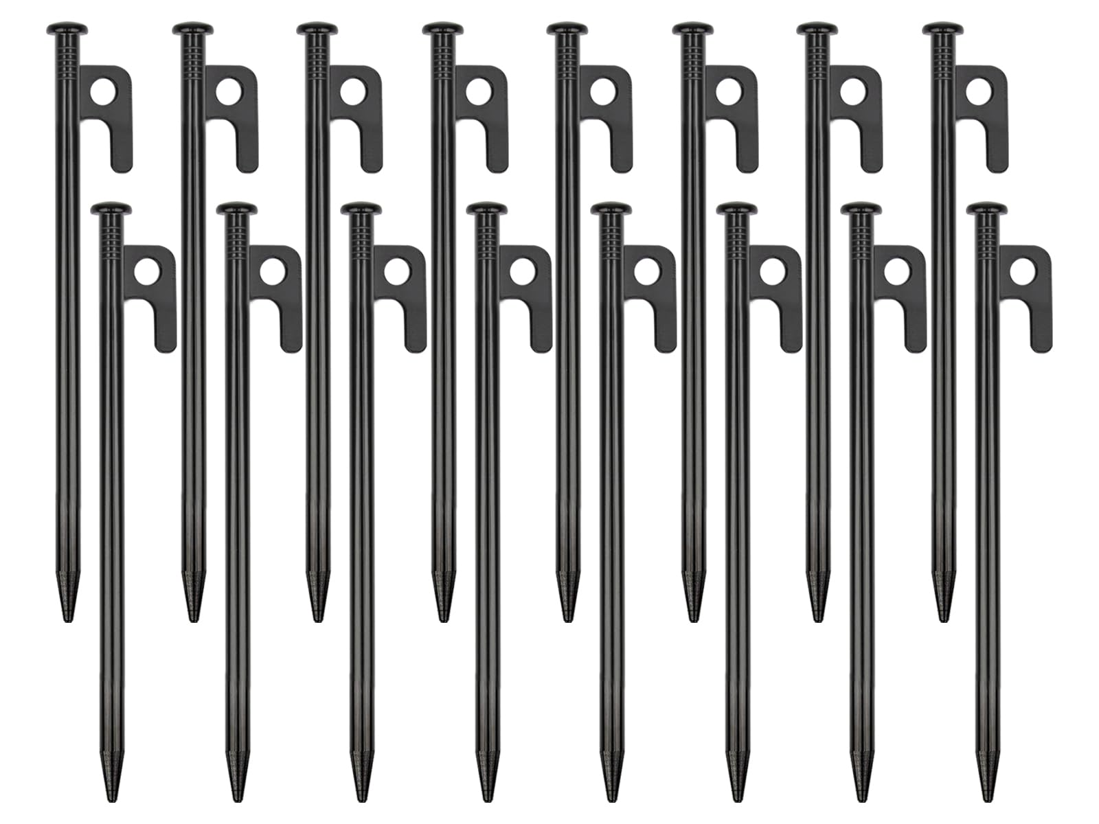 RIY 16-pack tent stakes assembled for quick setup and rugged durability.