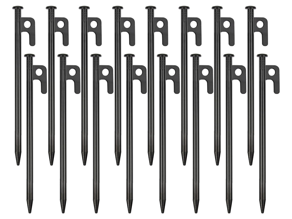 RIY 16-pack tent stakes assembled for quick setup and rugged durability.