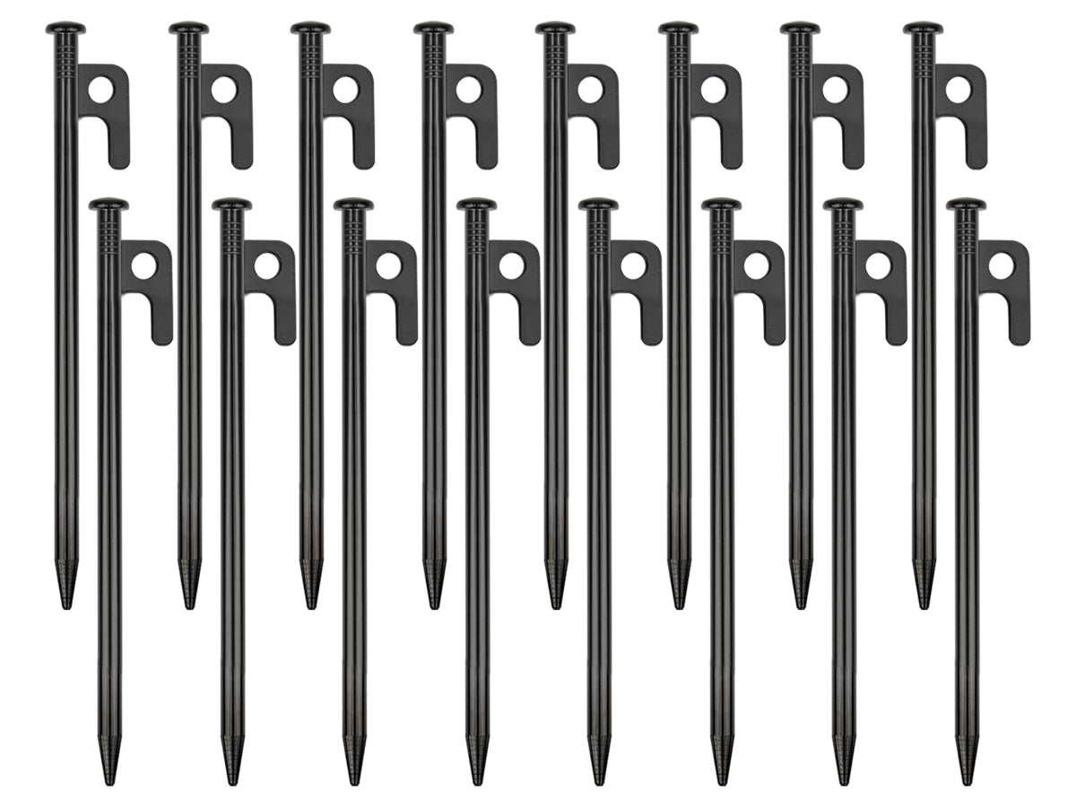 RIY 16-pack tent stakes assembled for quick setup and rugged durability.