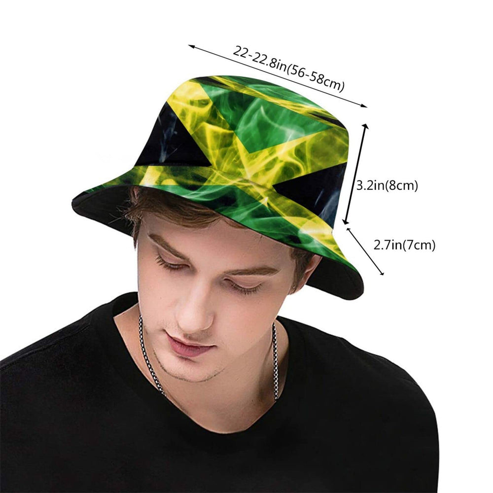 Close-up of lightweight polyester fabric of Jamaica flag bucket hat