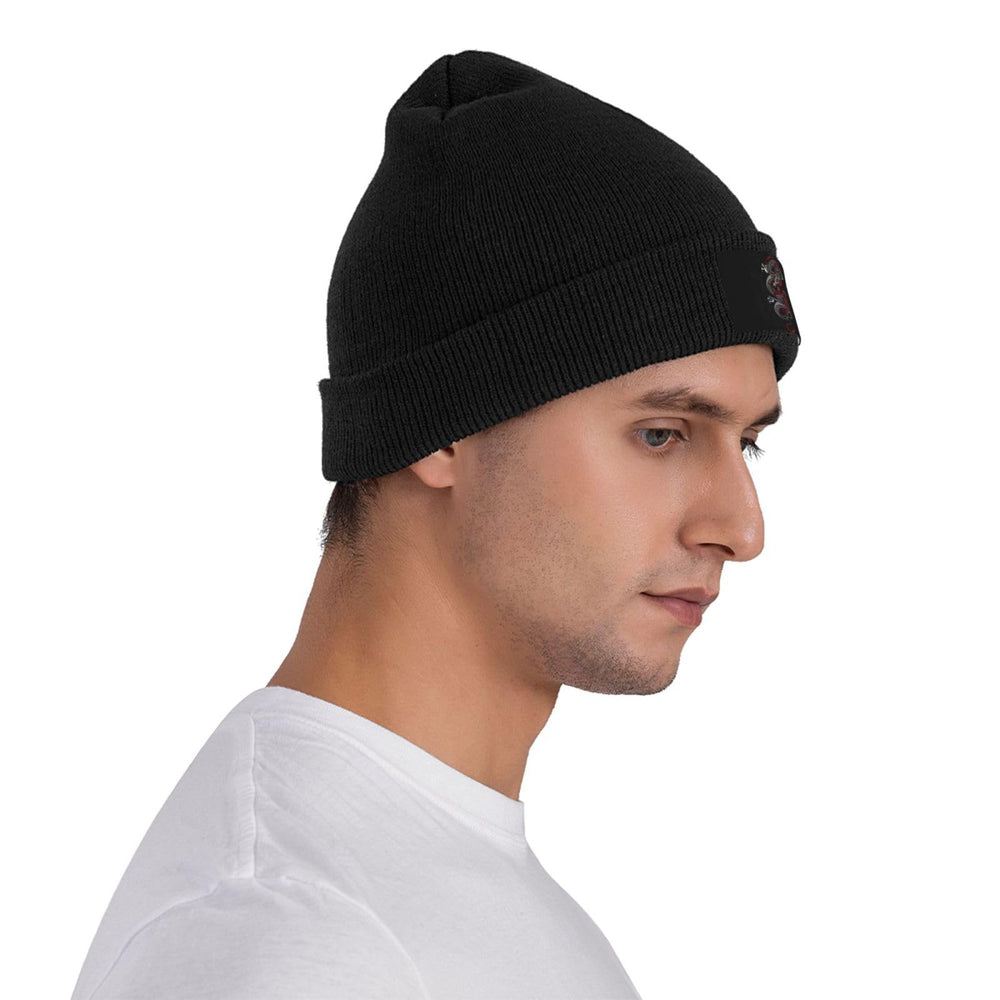 Rmqsyhfz dragon knit beanie on man demonstrating warmth.