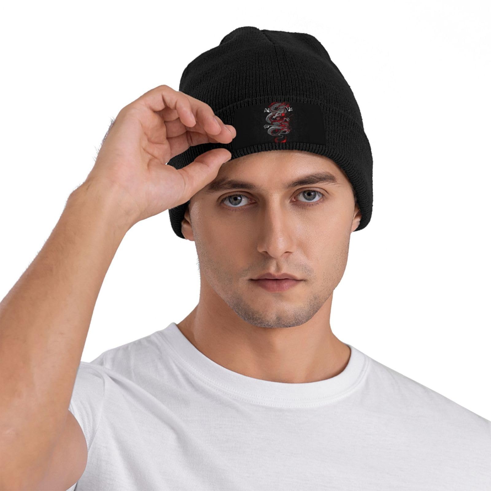 Rmqsyhfz dragon knit beanie on woman showing unisex style.