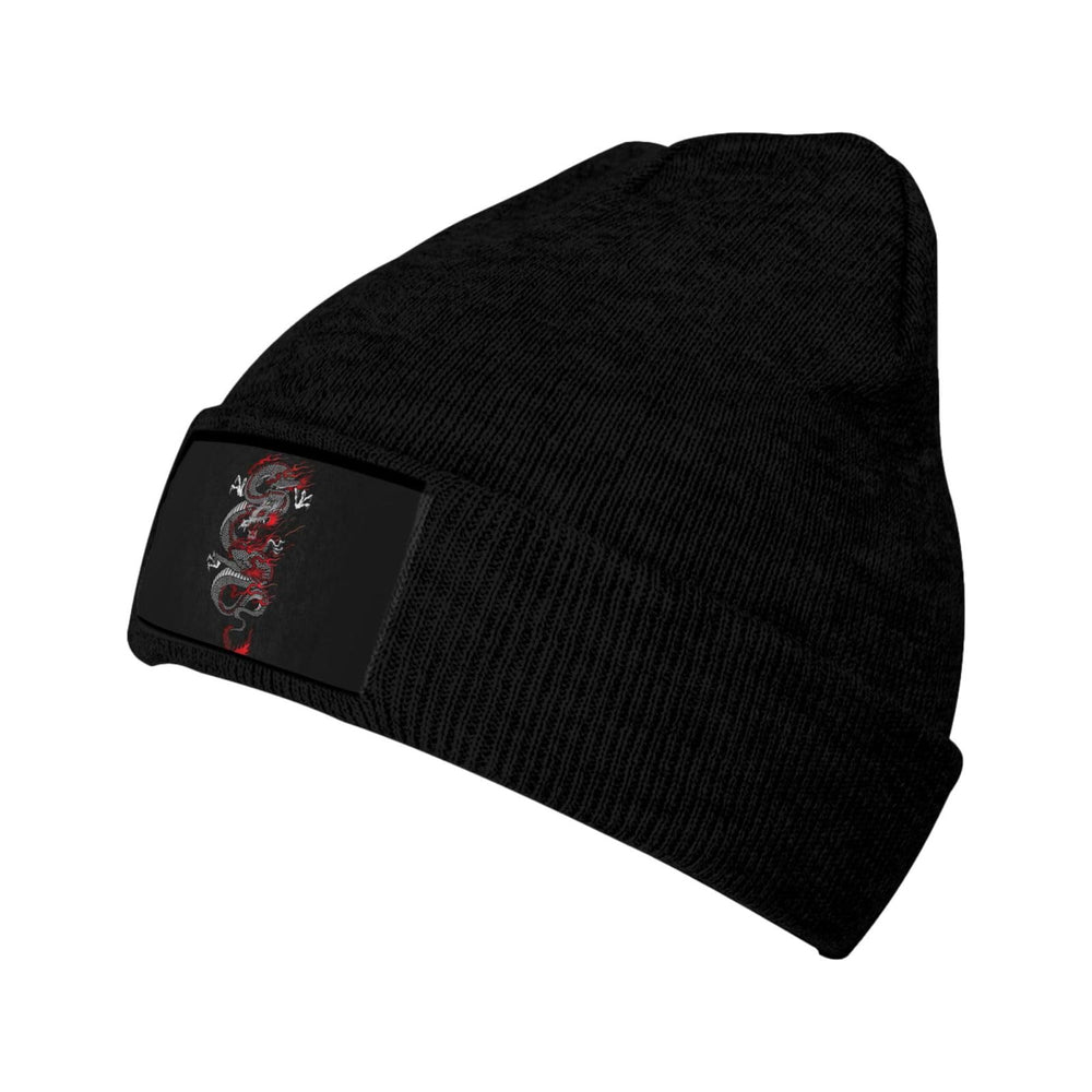 Rmqsyhfz dragon knit beanie side view showing flexible fit.