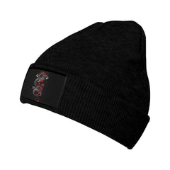 Rmqsyhfz dragon knit beanie side view showing flexible fit.
