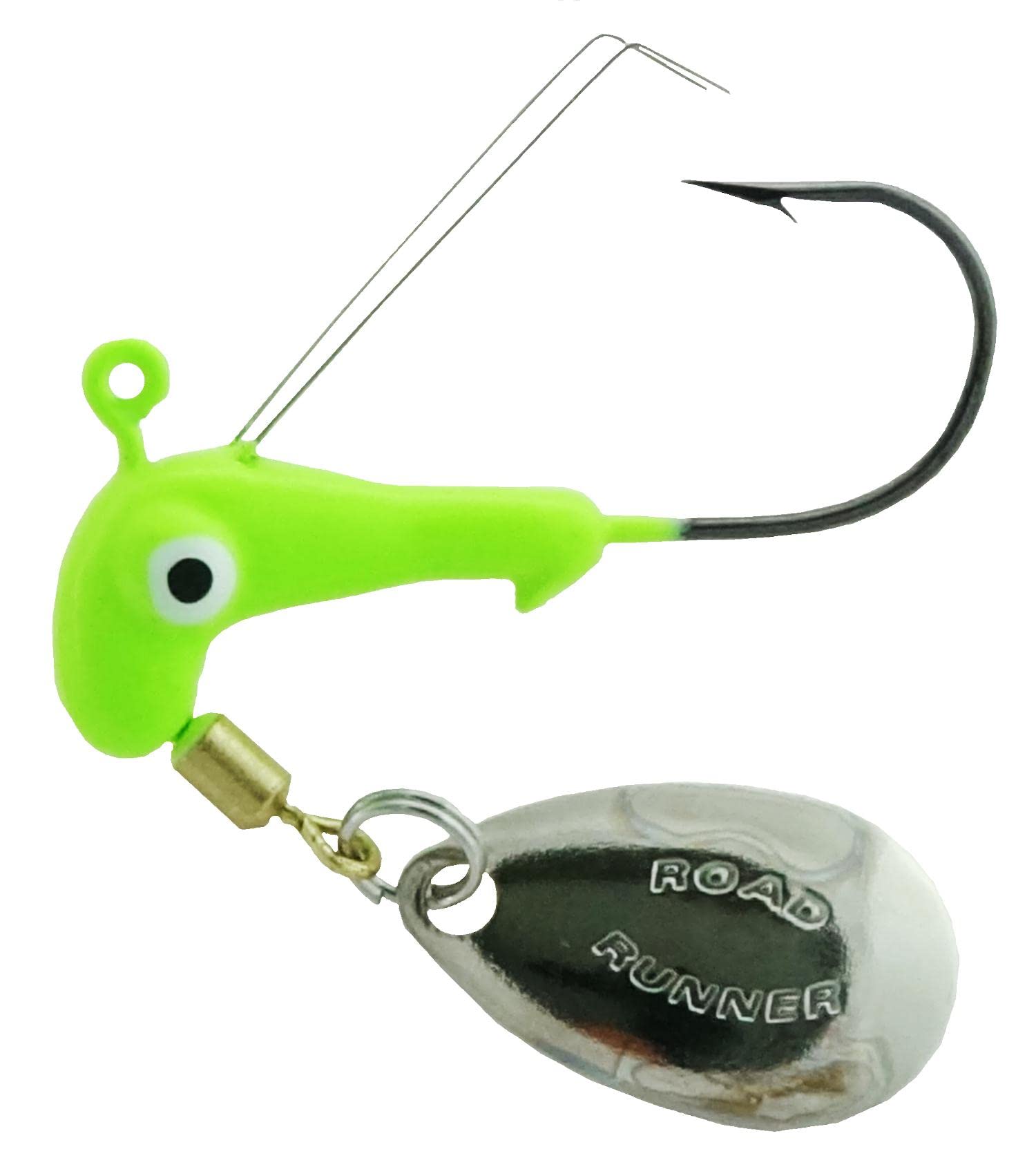 Road Runner weedless heads chartreuse 1/16oz shown with underspin blade for flash and predatory fish appeal.